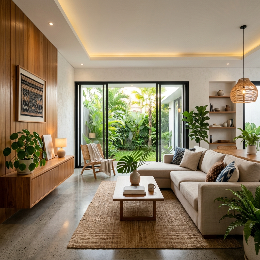 Desain interior ruang tamu minimalis modern perumahan Pesona Kahuripan
